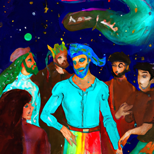 An image showcasing an Aquarius man surrounded by a diverse group of friends, engaged in deep conversations under a starry sky