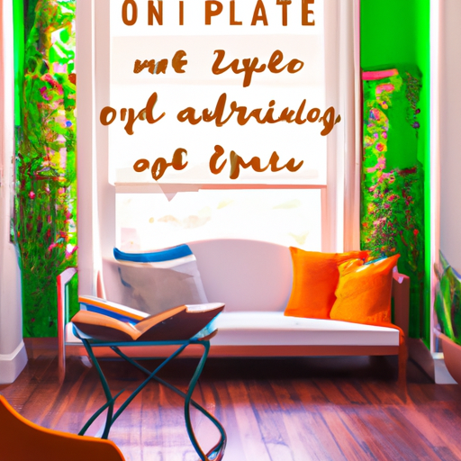 An image showcasing a serene, sunlit room adorned with vibrant plants, motivational quotes hanging on the walls, and a cozy reading nook with books on self-improvement, all inspiring a positive and grateful mindset