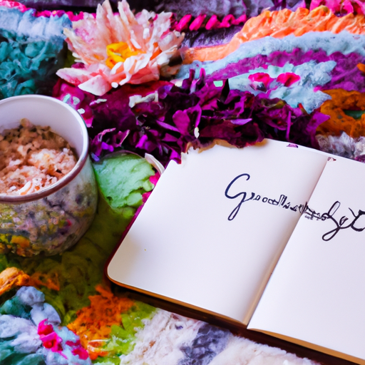 An image of a beautifully designed journal, filled with colorful pages adorned with handwritten notes of gratitude