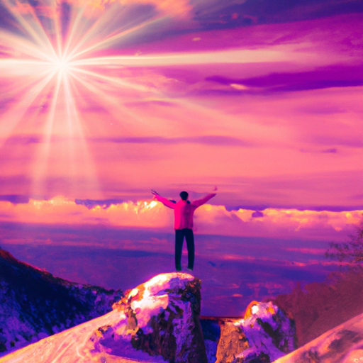 An image showcasing a person standing on a mountain peak, arms outstretched towards the sky as colorful rays of gratitude radiate from their heart, intertwining with nature's beauty below