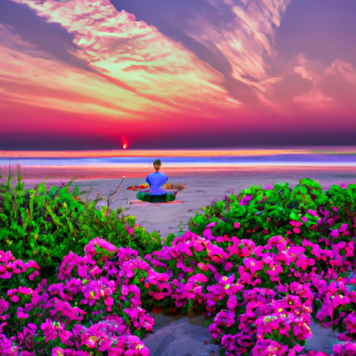 An image showing a vibrant sunrise over a serene beach, with a person practicing yoga on the sand, surrounded by blooming flowers