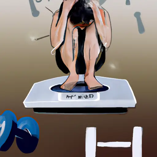 An image of a frustrated person standing on a scale, surrounded by a pile of weights, with sweat dripping down their face