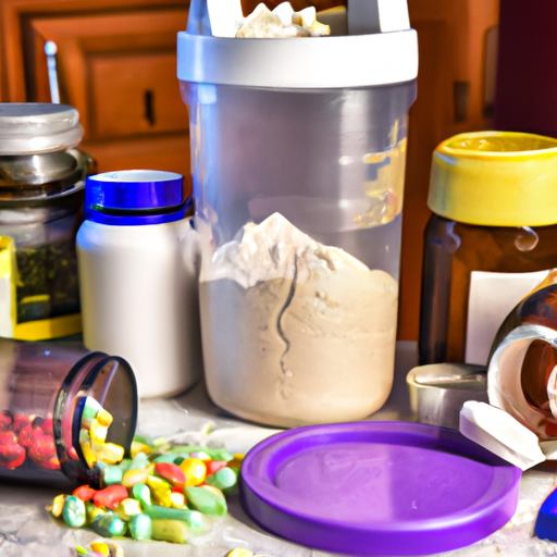 An image showing a cluttered kitchen counter with an array of colorful weight loss pills and powder containers, emphasizing the deceptive nature of supplements