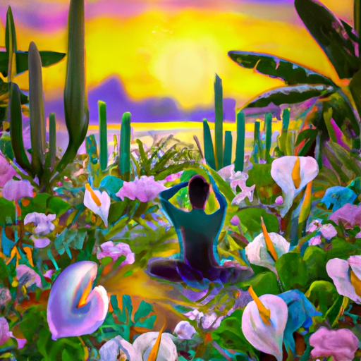 An image depicting a serene beach scene at sunset, with a solitary figure practicing yoga on the sand, surrounded by vibrant flowers and lush greenery, symbolizing the importance of self-care and inner peace