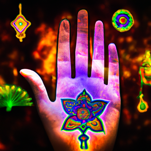 An image showcasing a diverse range of spiritual symbols, from an intricately designed hamsa hand to a delicate lotus flower, all surrounding an enlarged, illuminated right hand gently itching with vibrant energy