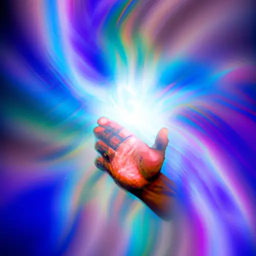 An image of a person extending their right hand, covered in vibrant, swirling colors, as a glowing beam of energy radiates from their palm, symbolizing the spiritual messages and meanings behind an itchy right hand