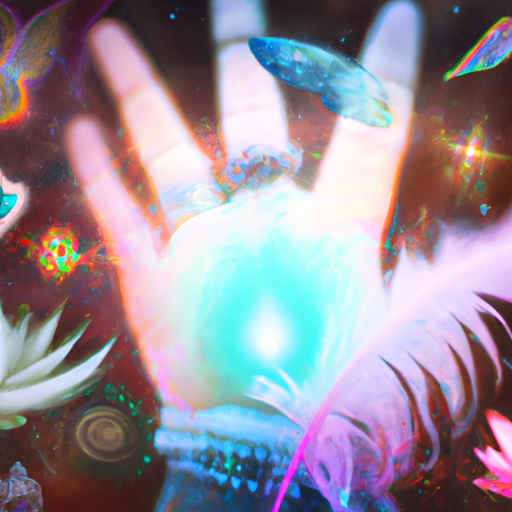An image showcasing a person's right hand radiating vibrant energy, surrounded by ethereal symbols like lotus flowers, feathers, and glowing crystals, depicting the various methods to channel and embrace spiritual energy