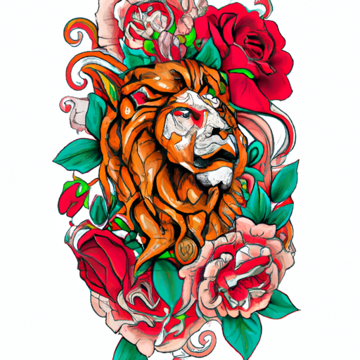 An image showcasing a vibrant neo traditional tattoo sleeve, adorned with a fierce yet elegant lion head surrounded by blooming roses and intricate filigree