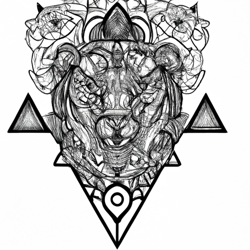 An image showcasing a striking neo traditional tattoo design featuring a fierce lioness surrounded by intricate geometric patterns, vibrant floral elements, and bold linework, highlighting the unique and artistic nature of this tattoo style