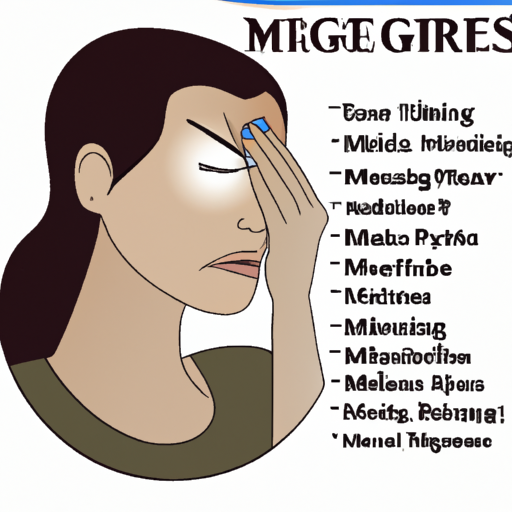 An image depicting a woman with a furrowed brow, shielding her eyes from a bright light, while holding a list of common triggers for migraines such as stress, hormonal changes, certain foods, and weather changes