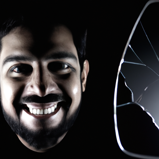 An image depicting a man wearing a confident smile on the outside, while holding a cracked mirror reflecting his true emotions within