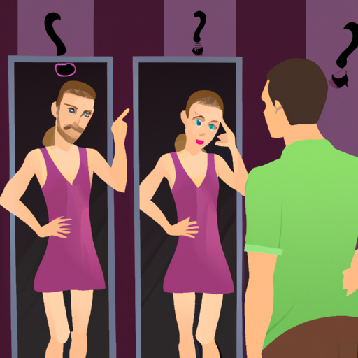 An image that showcases a puzzled woman standing in front of a mirror, while a man points at himself in a self-reflective manner, subtly implying the classic "It's Not You, It's Me" excuse