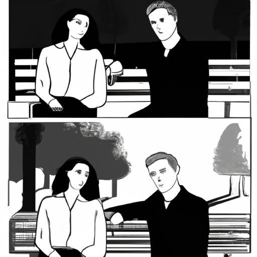 An image of a man and a woman sitting on opposite ends of a park bench, their body language distant and their eyes avoiding each other