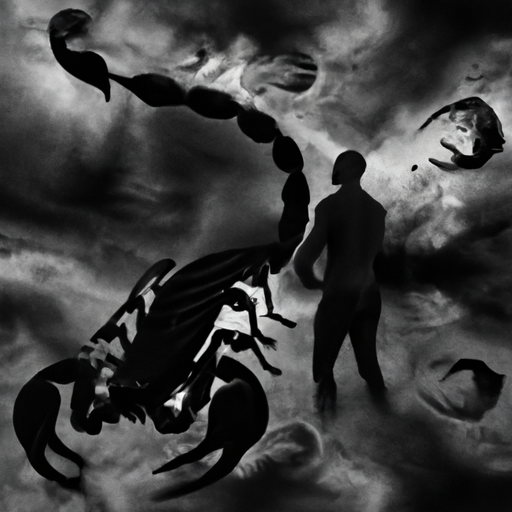 An image capturing the intensity of a raging Scorpio man: A brooding silhouette, surrounded by swirling dark clouds, his piercing gaze radiating anger, while venomous scorpions crawl at his feet