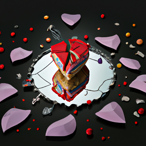 An image featuring a broken heart-shaped cake surrounded by scattered pieces of shattered mirrors, symbolizing the shattered trust and emotional turmoil caused by cheating, each mirror reflecting a different zodiac sign
