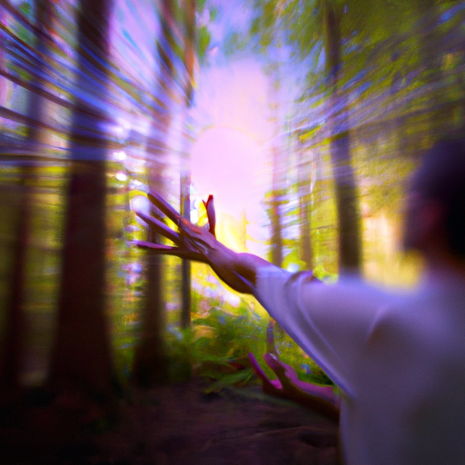 An image showcasing a serene forest scene with a person surrounded by vibrant energy flow