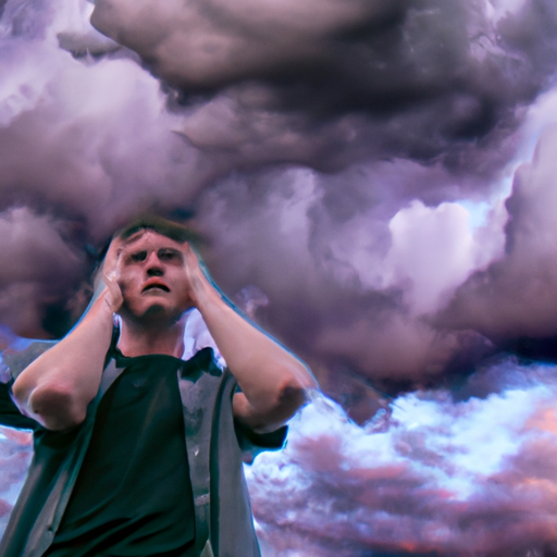 An image showcasing a person surrounded by heavy, dark clouds representing blocked energy