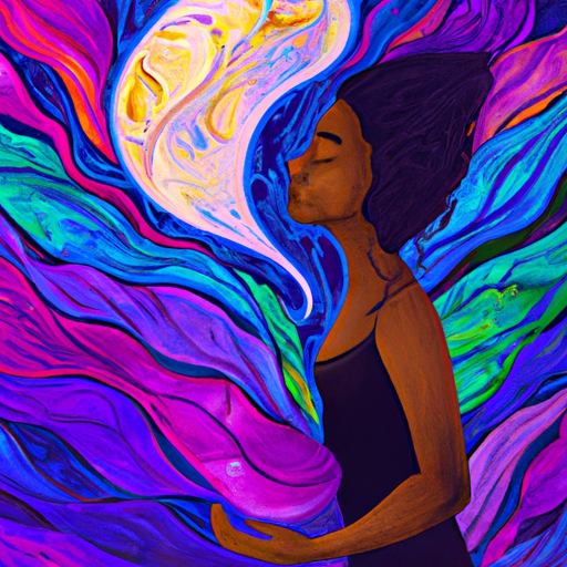 An image of a serene setting with a person surrounded by vibrant, swirling colors, as if energy is being released and cleared