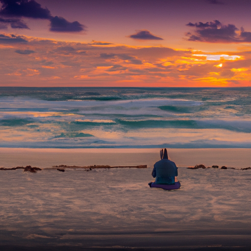 An image of a serene beach at sunrise, where a person sits cross-legged on the sand, eyes closed, practicing mindfulness