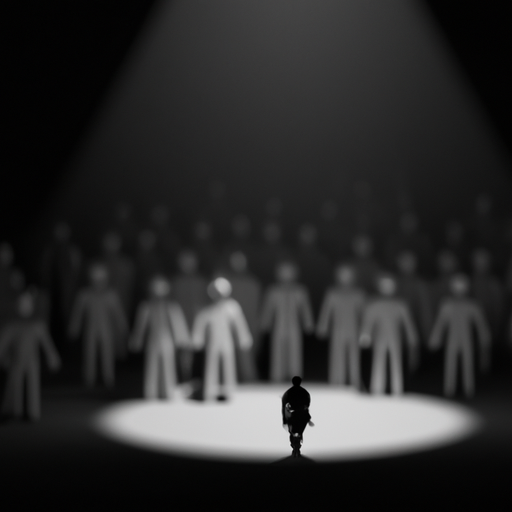 An image that showcases a dimly lit room with a person standing in the spotlight, surrounded by a group of blurred individuals in the shadows, symbolizing the concept of shadow banning