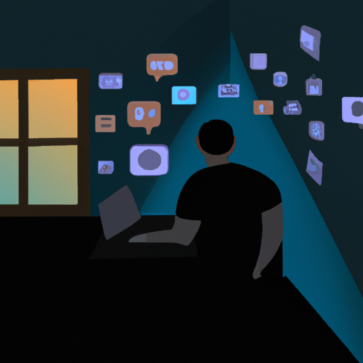 An image depicting a dimly lit room with a lone figure sitting in front of a computer, their face obscured by darkness, while social media icons cast faint shadows on the wall