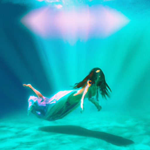 An image showcasing the ethereal beauty of a Pisces woman, as she gracefully glides through a tranquil underwater world