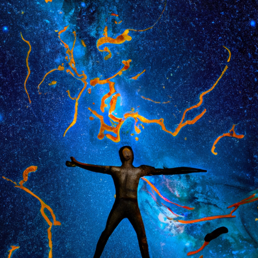 An image showcasing a radiant night sky, adorned with constellations, while a figure with outstretched arms studies the stars