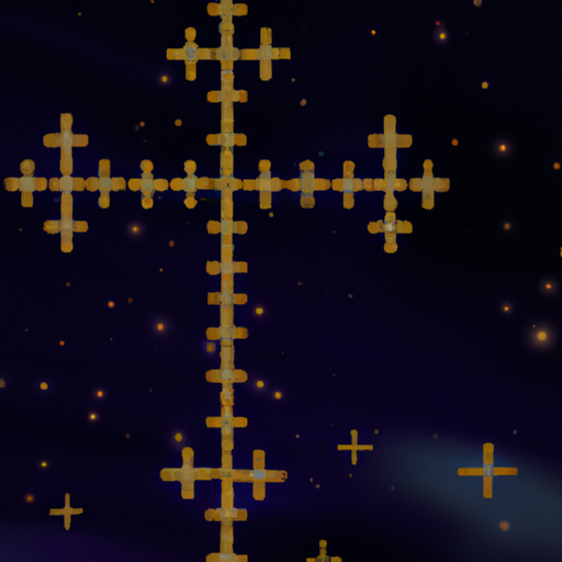 An image of a serene night sky with a golden cross and constellations intertwined harmoniously