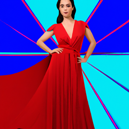 An image showcasing a vibrant, confident woman wearing a fiery red dress, exuding passion and power