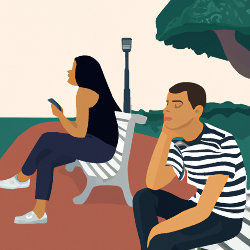 An image of a couple sitting on opposite ends of a park bench, their body language distant and disengaged