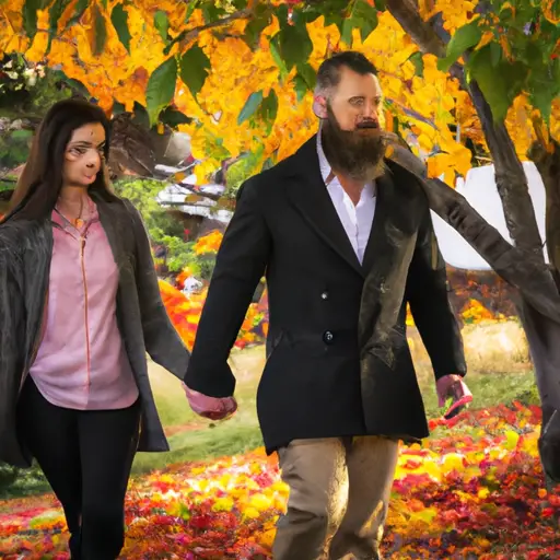 An image of a young couple strolling hand in hand through a vibrant autumn park, where golden leaves dot the ground