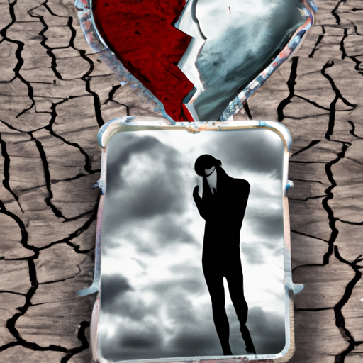 An image that portrays a person with a heavy heart, standing beneath a gloomy sky, while their reflection in a mirror reveals their true emotions