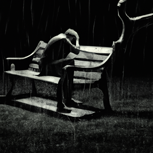 An image of a solitary figure seated on a broken bench, their head lowered, bathed in dim, somber lighting