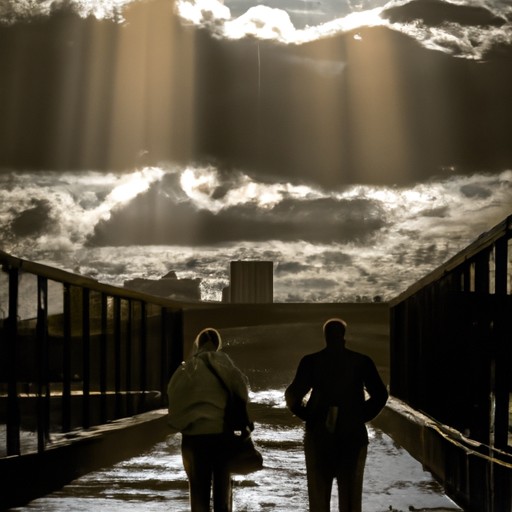 An image showcasing two silhouetted figures, their backs facing each other, standing on opposite sides of a bridge over troubled waters