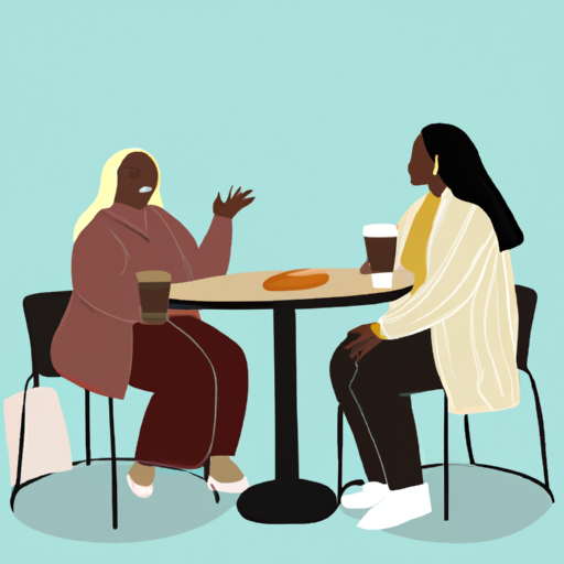 An image showcasing two people sitting across from each other at a cozy coffee shop, engaged in open, calm conversation while maintaining respectful personal space