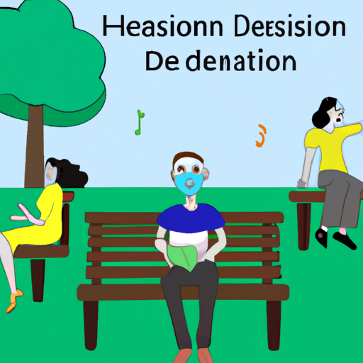 An image showcasing a person sitting alone on a park bench, surrounded by couples happily engaged in activities, while the individual wears a mask of forced happiness, representing the social stigma and self-judgment experienced during post-breakup depression