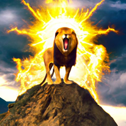 An image featuring a vibrant, roaring lion standing defiantly on a mountaintop, surrounded by a golden halo of sunrays, symbolizing the charismatic and commanding presence of Leos
