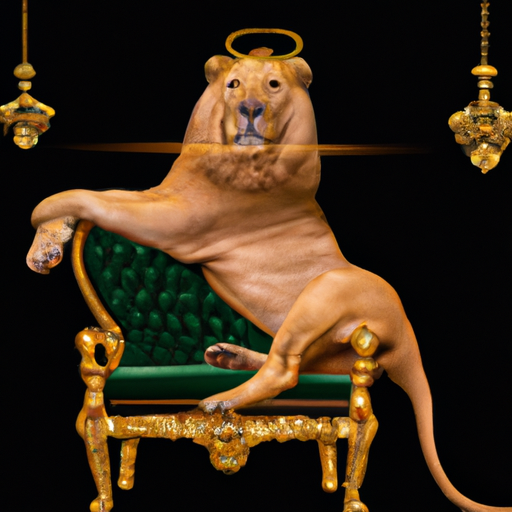 An image showcasing a regal Leo lounging on a golden throne, adorned with luxurious jewelry, basking in the spotlight as they confidently command attention, depicting their inherent self-centeredness and dominant Leo personality traits