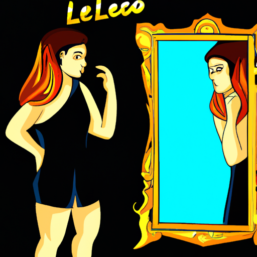 An image depicting a confident and poised Leo standing in front of a mirror, their reflection revealing a vibrant, golden aura emanating from their strong sense of self, symbolizing their innate self-centeredness