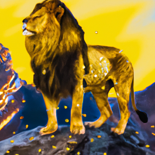 Create an image capturing the essence of a majestic lion surrounded by a golden aura, confidently standing alone atop a grand rock formation, symbolizing the enigmatic allure and perceived self-centered nature of Leos