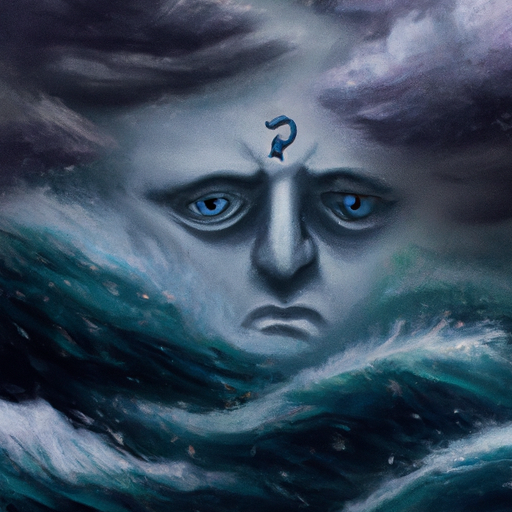 An image of a solitary Pisces, their eyes filled with melancholy, standing amidst a stormy sea