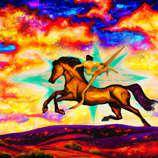 An image depicting a vibrant, fiery Sagittarius soaring high above a vast open landscape on a spirited horse, capturing their unrestrained spirit and insatiable thirst for freedom