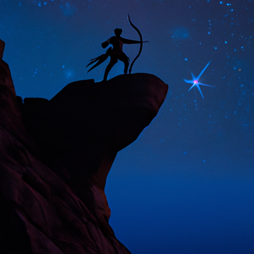 An image showcasing a serene, starlit night sky as a backdrop, where a solitary Sagittarius archer stands atop a mountain peak, gazing at the vast horizon, capturing their adventurous spirit and fear of being tied down in a single frame