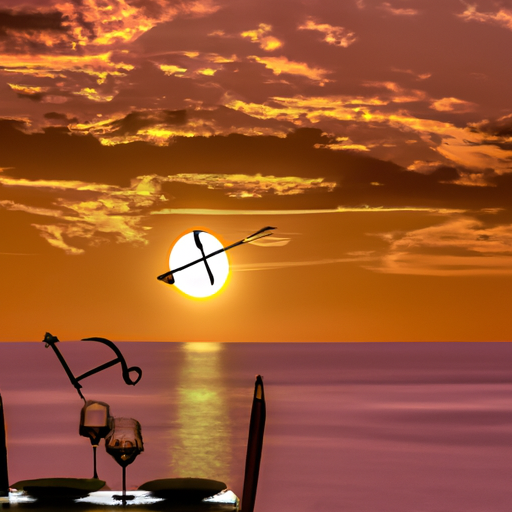 An image showcasing a romantic dinner set against a stunning sunset backdrop, where a frustrated individual sits alone at the table, while a distant Sagittarius symbol hangs above, signifying the enigmatic and elusive nature of dating a Sagittarius