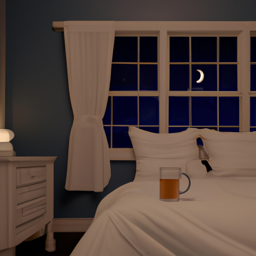 An image featuring a cozy bedroom with dimmed lights, a tidy nightstand displaying a relaxing book and a warm cup of herbal tea
