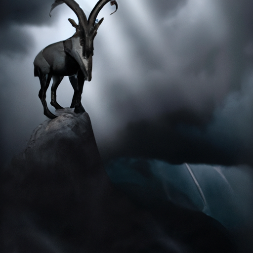 An image of a solitary Capricorn, standing atop a mountain, surrounded by a stormy sky, with piercing eyes reflecting resilience and determination, evoking the intense emotions that make them misunderstood and disliked