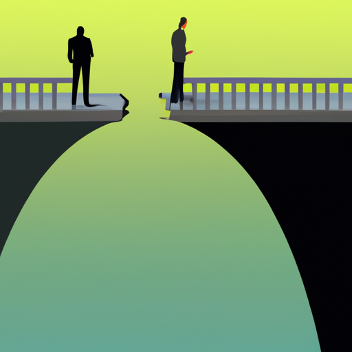 An image displaying two individuals standing on opposite sides of a giant chasm, each holding one end of a broken bridge