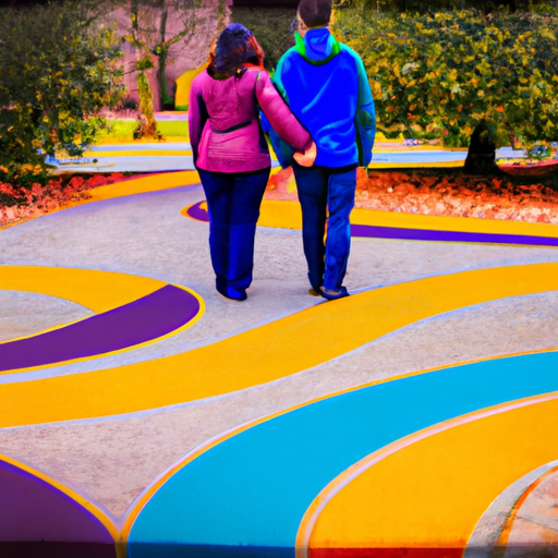 An image that depicts a couple holding hands while standing on opposite sides of a colorful, winding path