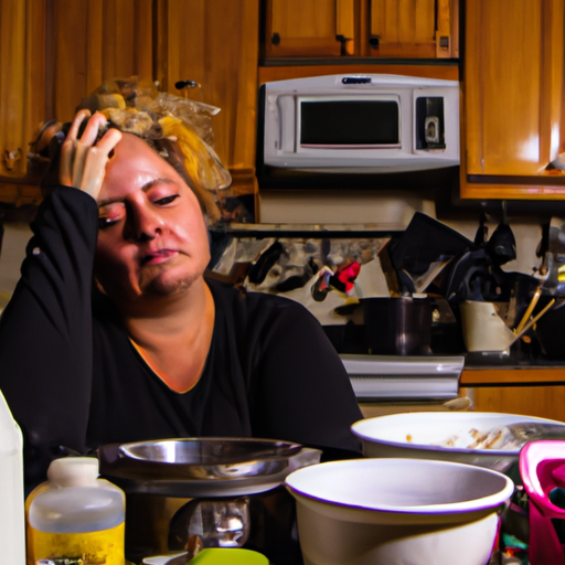 An image showcasing a worn-out mother surrounded by a cluttered kitchen, her face reflecting exhaustion and anxiety