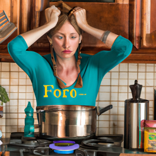 An image of a stressed-out mom, hunched over a pot on the stove, surrounded by a cluttered kitchen